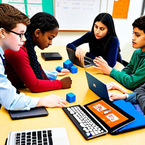 A diverse group of students collaborating on a STEM project in a modern, technology-rich classroom. Focus on teamwork, problem-solving, and the use of laptops and robotic kits. The atmosphere should be bright and encouraging.