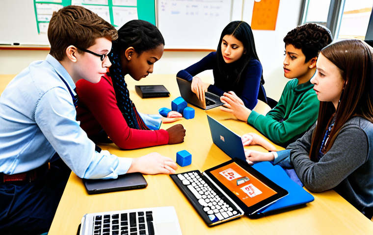 A diverse group of students collaborating on a STEM project in a modern, technology-rich classroom. Focus on teamwork, problem-solving, and the use of laptops and robotic kits. The atmosphere should be bright and encouraging.