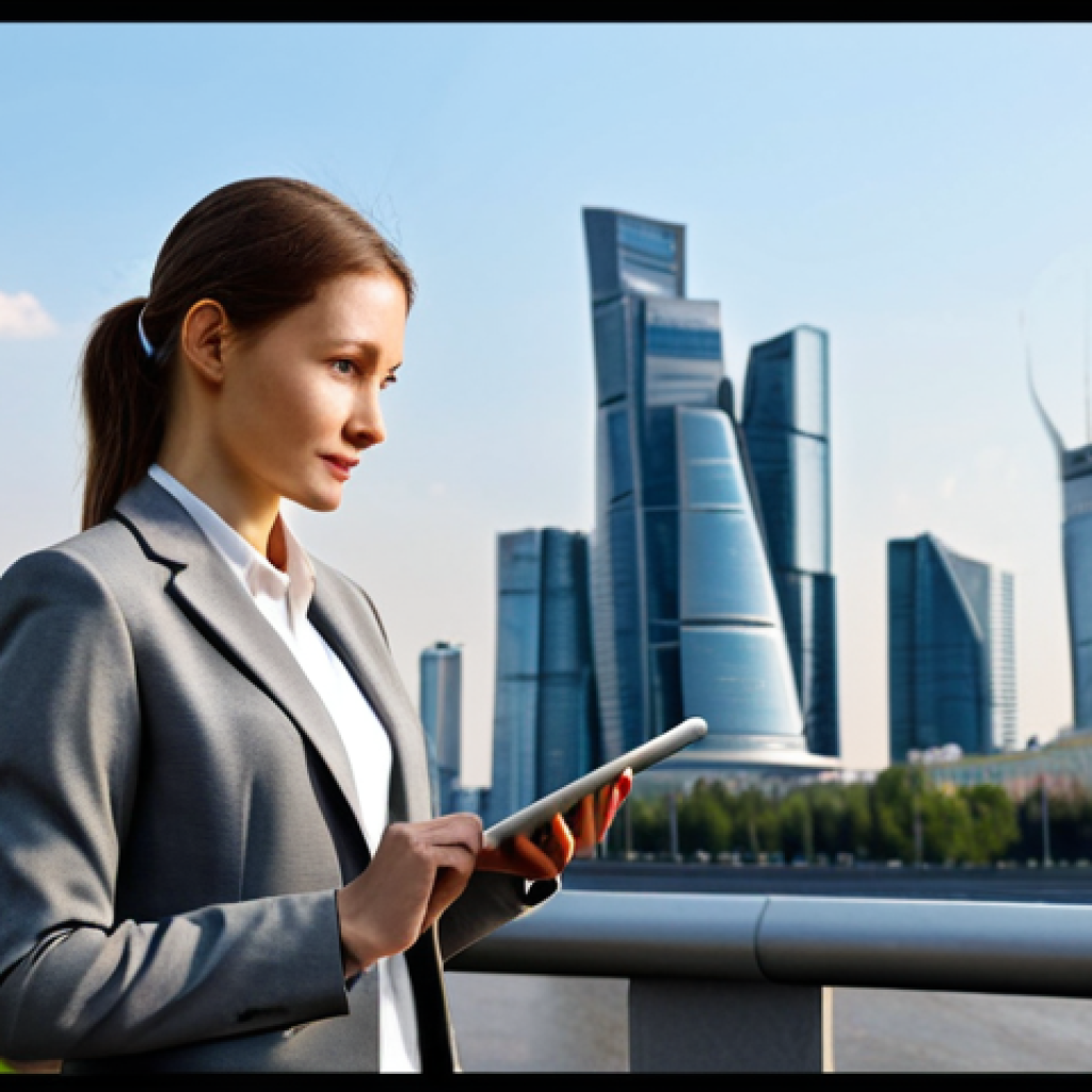 **

A professional businesswoman in a tailored grey suit, standing in front of the Moscow City skyline, holding a tablet displaying data charts, fully clothed, appropriate attire, safe for work, perfect anatomy, natural proportions, professional photography, high quality, corporate setting.

**