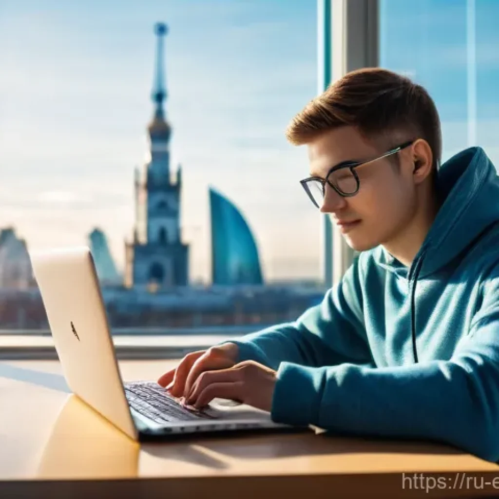 교육공학과 코딩 교육 - A vibrant, detailed image of a young adult, possibly of Russian descent, sitting comfortably at a de...