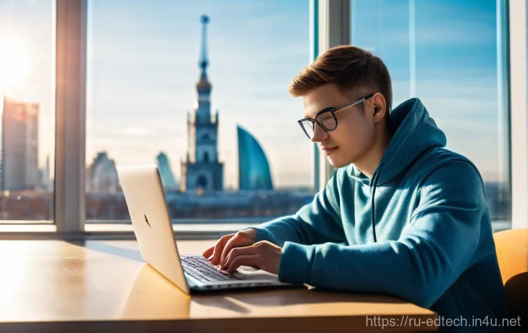 교육공학과 코딩 교육 - A vibrant, detailed image of a young adult, possibly of Russian descent, sitting comfortably at a de...