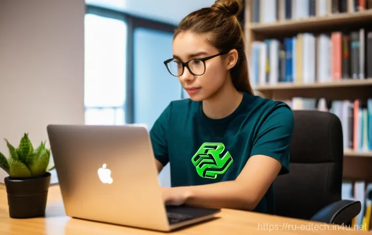 교육공학과 코딩 교육 - A vibrant, detailed image of a young adult, possibly of Russian descent, sitting comfortably at a de...