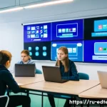 Home 20 교육공학과 사이버 윤리 교육 - A classroom scene in a modern Russian school where teenagers are attentively participating in a digi...