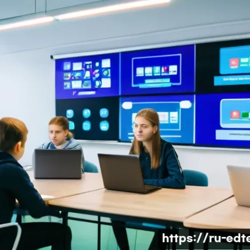 Home 32 교육공학과 사이버 윤리 교육 - A classroom scene in a modern Russian school where teenagers are attentively participating in a digi...