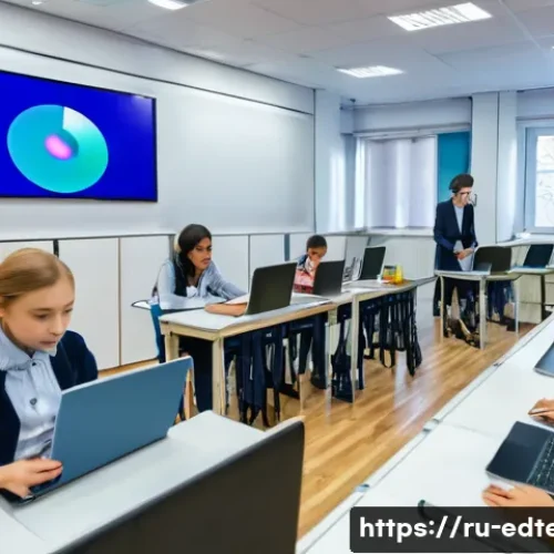 Home 17 교육공학과 혼합학습 - A modern blended classroom scene in Russia, featuring a diverse group of adult students attending bo...