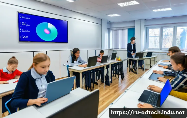 교육공학과 혼합학습 - A modern blended classroom scene in Russia, featuring a diverse group of adult students attending bo...