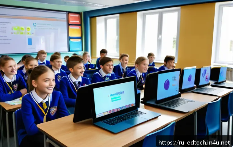 교육공학과 게이미피케이션 - A modern classroom scene in Russia with diverse students aged 12-16 engaged in a gamified learning s...