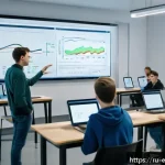 Home 18 교육공학과 데이터 시각화 기술 - A modern university classroom scene featuring a diverse group of Russian engineering students active...