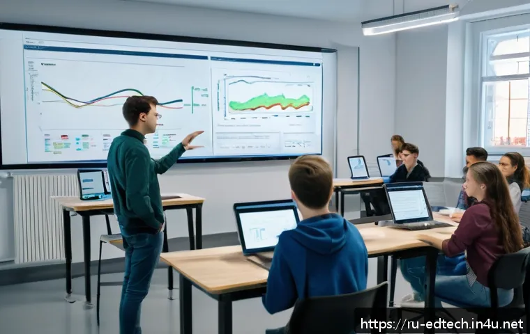 교육공학과 데이터 시각화 기술 - A modern university classroom scene featuring a diverse group of Russian engineering students active...