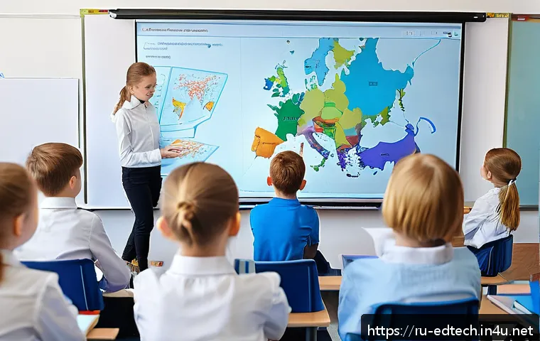 교육공학과 공공 교육 기술 - A modern Russian classroom featuring students aged 12-15 actively engaging with a large interactive ...