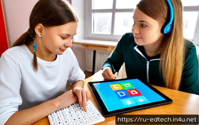 교육공학과 학습장애 학생 지원 - Photorealistic inclusive classroom in Russia, a warm patient female special education teacher guidin...