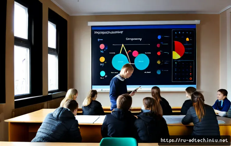 Home 15 교육공학과 스마트보드 활용 - Photorealistic modern Russian university classroom, education technology students collaborating arou...