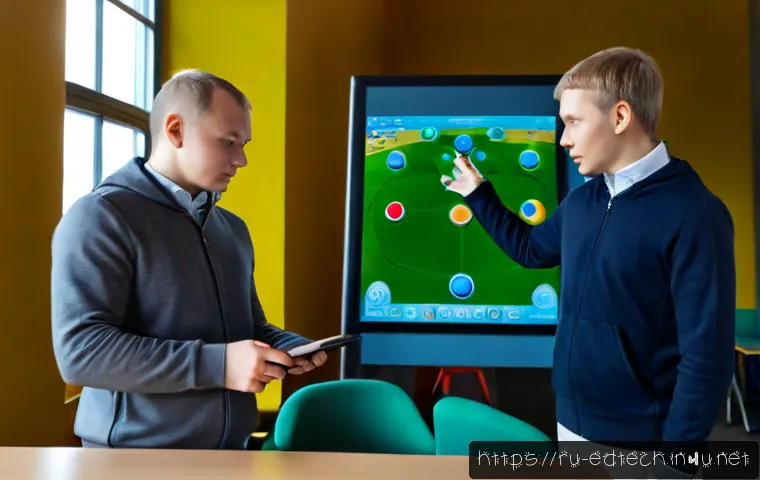 교육공학과 게임기반 학습 - Photorealistic educational technology classroom in Russia, a university instructor guiding a small g...