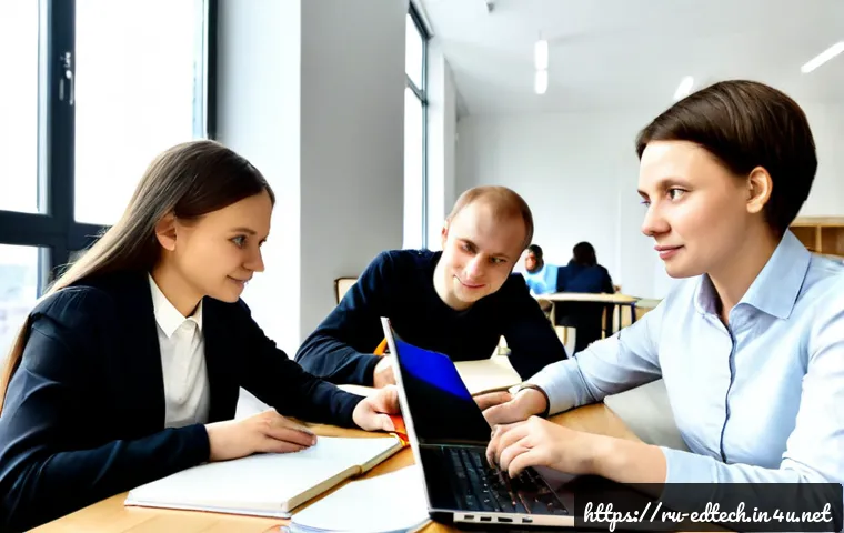 교육공학과 오픈 교육 자원 OER - Photorealistic university educational technology scene in Russia, diverse group of adult students an...
